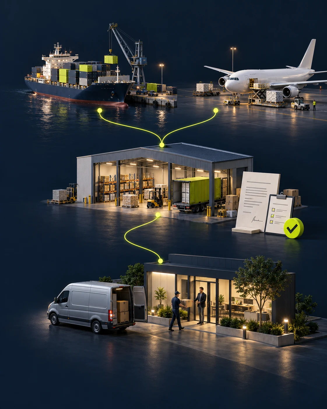 Air and sea freight routes converge at a warehouse, then connect order documents and a delivery van to a business customer